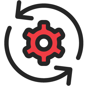red and gray gear icon, signifying a rotating gear